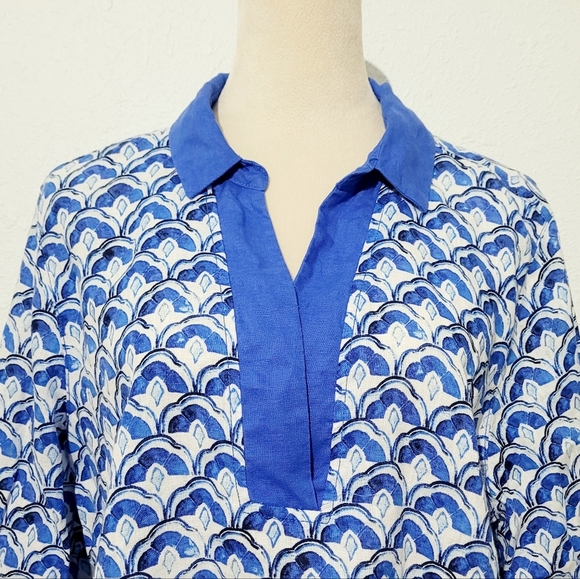 Sigrid Olsen Womens XL 100% Linen Tunic Top Blue White Pattern V-Neck 3/4 Sleeve - Picture 2 of 12